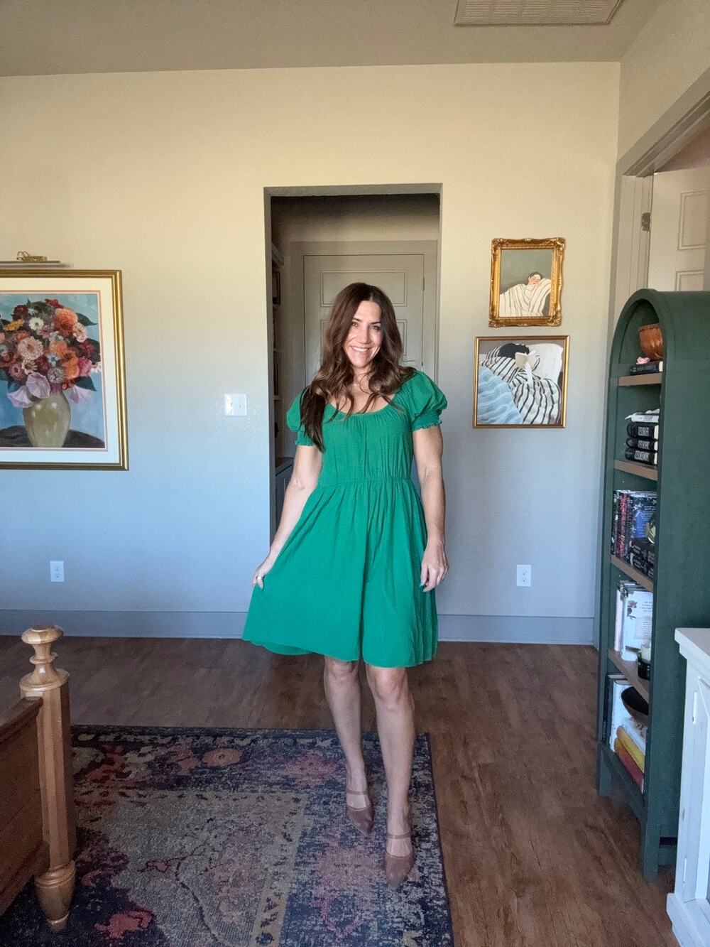 Ann Taylor Emerald Green Puff Sleeve Fit & Flare Dress M